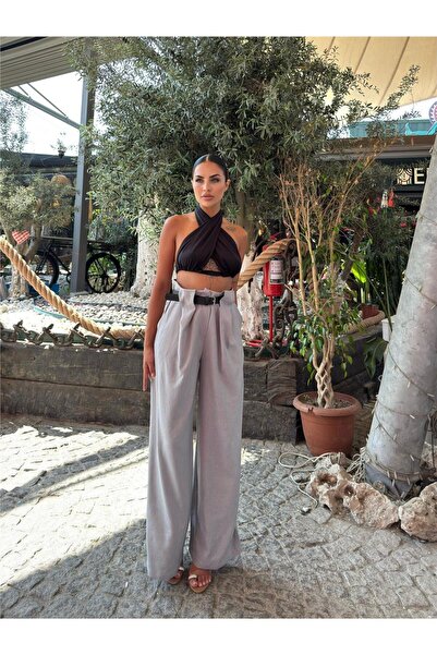 WeShaya Gray Linen Blend Belted Trousers