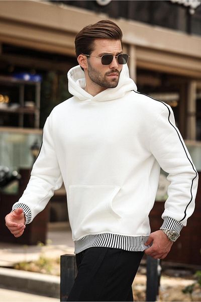 Madmext Ecru Hooded Kangaroo Pocket Men's Sweatshirt E7163
