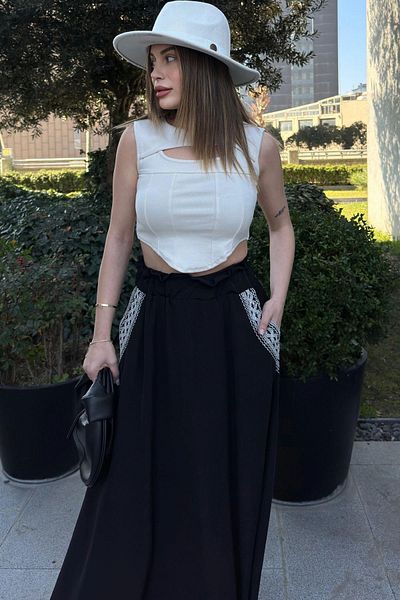 NEW LAVİVA Women's Black Elastic Waist, Pockets Straw Embroidered, Comfortable Fit, Long Kiloş Skirt