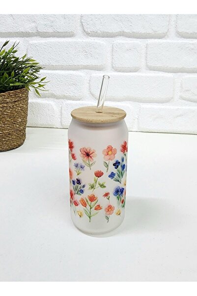 happy mountains Bambu Kapaklı Kırmızı Mavi Çiçek Desenli Pipetli Buzlu Cam Ba...