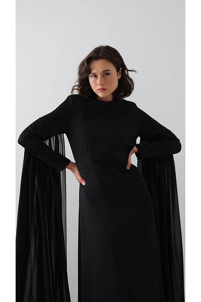 miha Hicran Önal Sleeve Caped Detail Dress Black