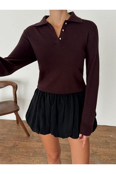 fujya Polo Neck Gold Button Classic Sweater Brown