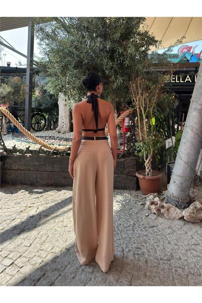 WeShaya Beige Linen Blend Belted Trousers