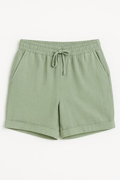 enmodaiçgiyim Plus Size 100% Cotton Muslin Fabric Women's Two Pockets Casual Summer Shorts