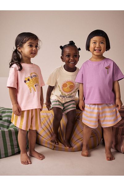 Next Baby Cotton Pink Purple Sunflower Pattern Short Sleeve 3-Piece Bottom Top Set