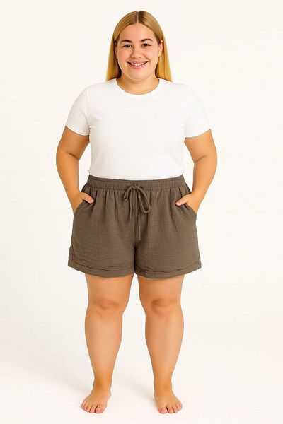 enmodaiçgiyim Plus Size 100% Cotton Muslin Fabric Women's Two Pockets Casual Summer Shorts