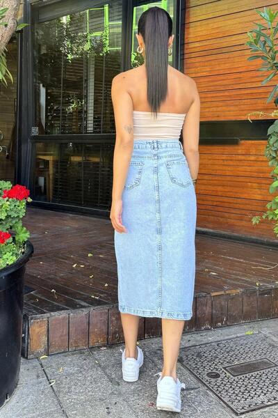 NEW LAVİVA Açık Mavi Cepli Yırtmaçlı Uzun Denim Etek