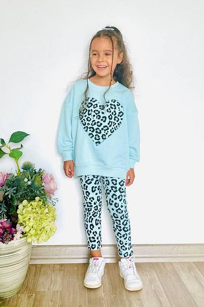 Monila Girls' 3 Thread Cotton Fabric Heart Detailed Sweatshirt and Leggings Bottom Top Set