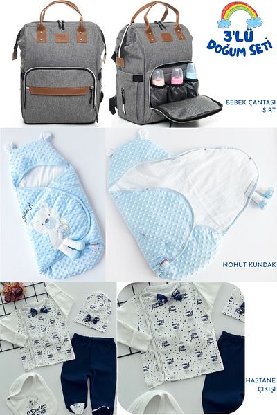 Allmart 3-Piece Birth Set (Snap Fastener Chickpea Swaddle, Functional Baby Care Bag and 100% Cotton Hospital Release)