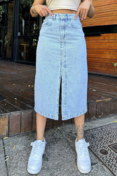 NEW LAVİVA Açık Mavi Cepli Yırtmaçlı Uzun Denim Etek