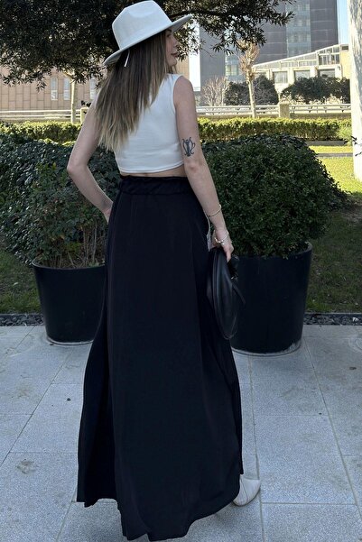 NEW LAVİVA Women's Black Elastic Waist, Pockets Straw Embroidered, Comfortable Fit, Long Kiloş Skirt