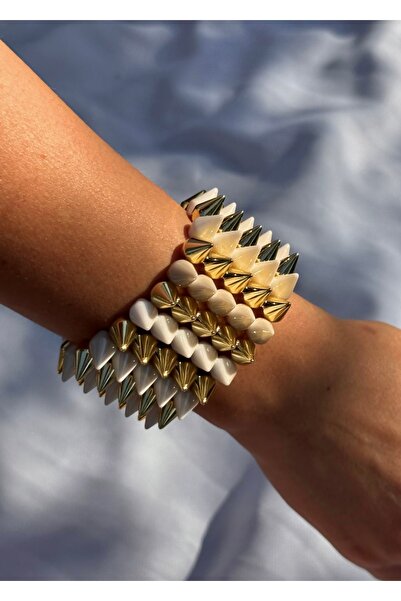 lesuvera Gold Beyaz Zımbalı Bileklik Zımba Kalın Gotik Bilezik