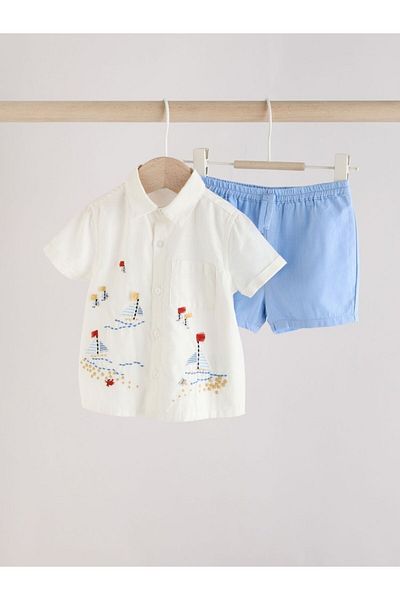 Next Baby Cotton Blue/White Boat Print Baby Shirt and Shorts Bottom Top Set