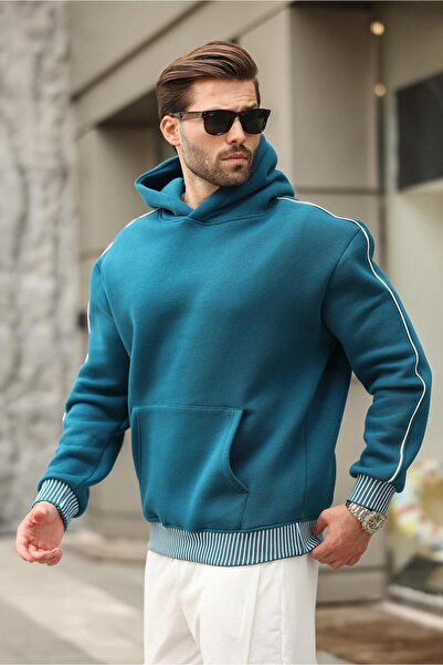 Madmext Petrol Mavisi Kapüşonlu Kanguru Cep Erkek Sweatshirt E7163