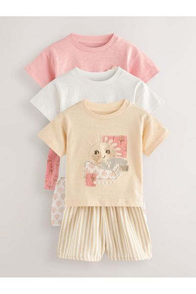 Next Baby Cotton Pink Short Sleeve Sun Flower Pattern 3-Piece Bottom Top Set