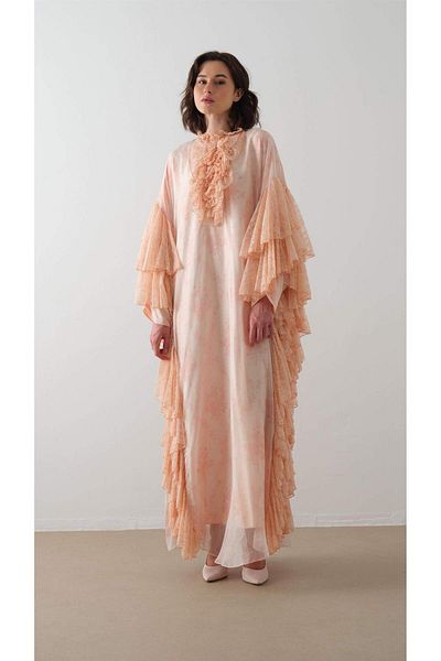 miha Hicran Önal Kaftan Dress with Lace Ruffles on the Sleeves Salmon