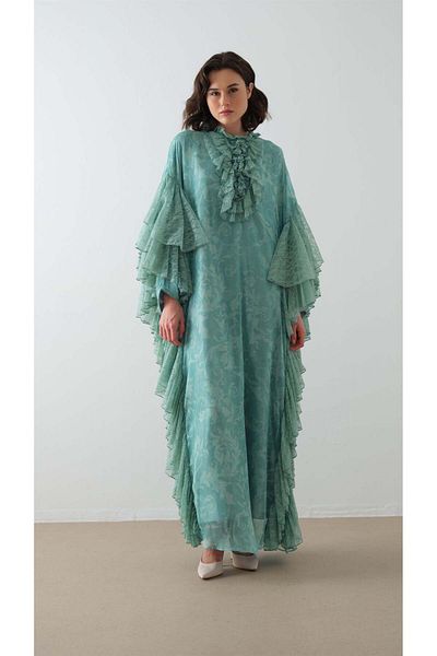 miha Hicran Önal Kaftan Dress with Lace Ruffles on the Sleeves Mint