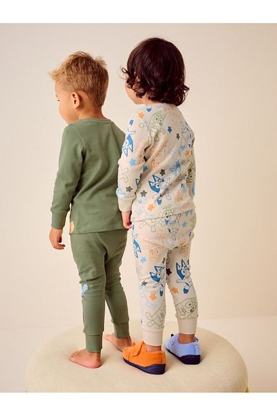 Next Baby Cotton Khaki Cream Bluey Patterned Long Sleeve Pajamas Bottom Top Set