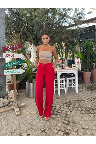 WeShaya Red Linen Blend Straight Leg Trousers