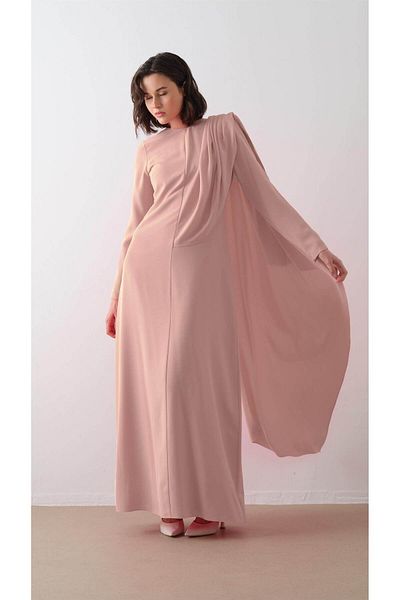 miha Hicran Önal Crepe Dress with Shoulder Capes Powder