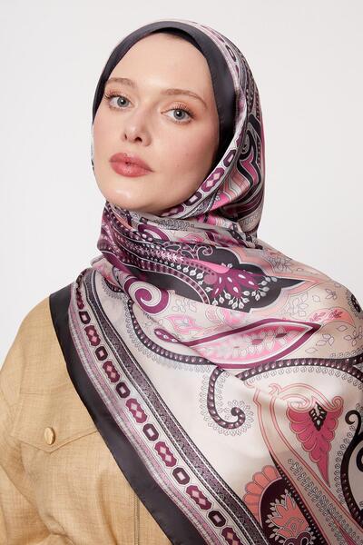 Levidor Pembe Kenar Geometrik Desen Hint İpeği Şal
