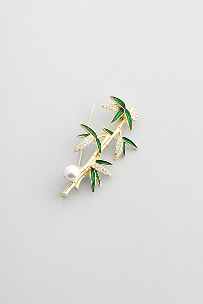 So CHIC... Şans Bambusu 18 Ayar Sarı Altın Kaplama Gümüş Broş