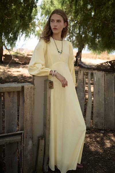 Hooopstore Balloon Sleeve Butter Yellow Natural Dress