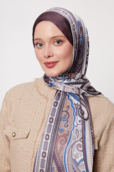 Levidor Çikolata Kahve Kenar Geometrik Desen Hint İpeği Şal