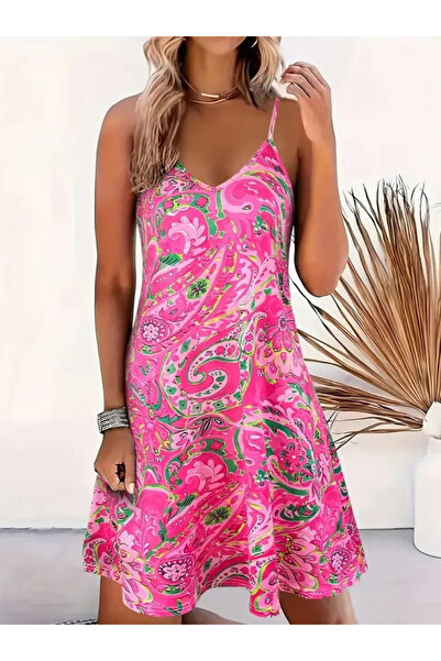 JANES Kadın Ip Askılı V Yakalı Desenli Kısa Süprem Mini Elbise