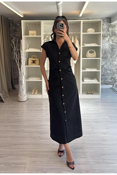 LUUNA STORE DÜĞMELİ KETEN ELBİSE