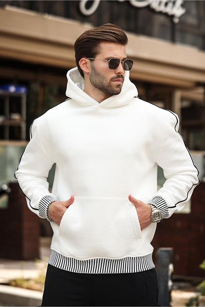 Madmext Ecru Hooded Kangaroo Pocket Men's Sweatshirt E7163
