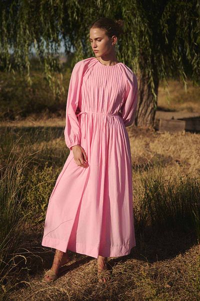 Hooopstore Ribbed Cotton Voile Pink Dress
