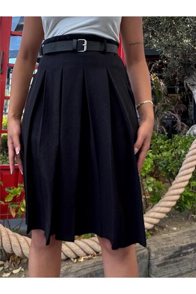 WeShaya Black Belted Pleated Skirt