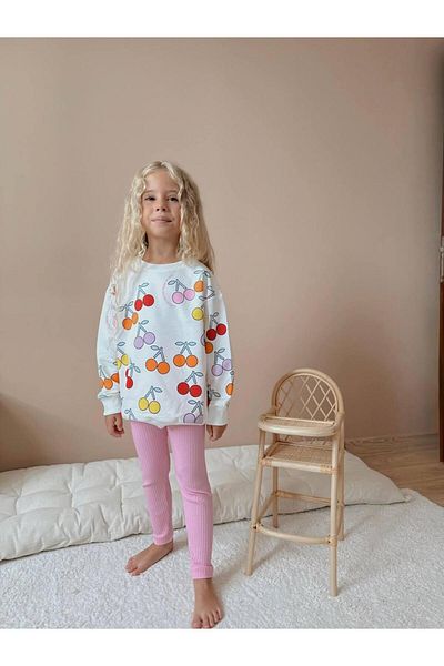 YİGİT BUTİK Girls' Bottom Top Set with Cherry Printed Long Sleeve Leggings
