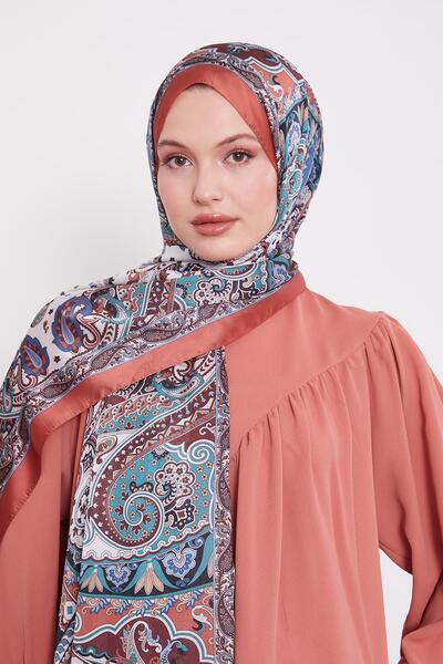 Levidor Turuncu Karışık Desenal Hint İpeği Şal