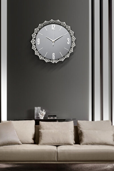 HELVACIOĞLU AKSESUAR Aynalı Metal Dekoratif Duvar Saati Led Işıklı 36 cm Gümüş