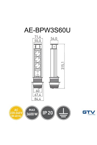 GTV Tower socket, 3 schuko sockets 2 USB 5V 2.1A, 1.5m cable, black,