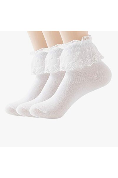 Generic Girls Ankle Length Socks, 100% Cotton Ruffle Lace Double Layer Socks, Socks (3 Pairs - White)