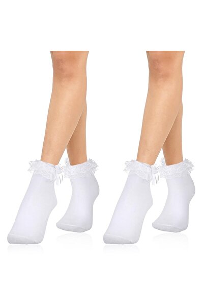 Generic Girls Ankle Length Socks, 100% Cotton Ruffle Lace Double Layer Socks, Socks (3 Pairs - White)