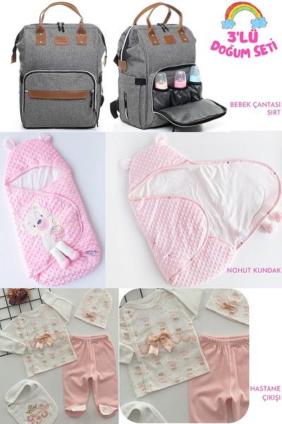 Allmart 3-Piece Birth Set (Snap Fastener Chickpea Swaddle, Functional Baby Care Bag and 100% Cotton Hospital Release)