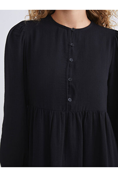 LC Waikiki Black Crew Neck Textured Muslin Pleated Dress