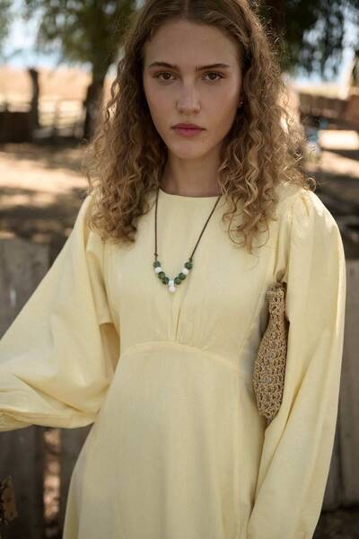 Hooopstore Balloon Sleeve Butter Yellow Natural Dress