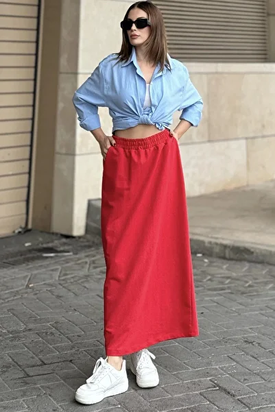 NEW LAVİVA Women's Red Elastic Waist, Comfortable Fit, Long Skirt with Pockets