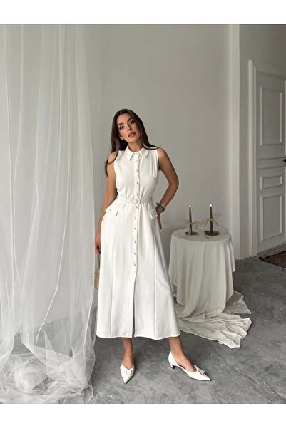 EtikaOnline Carolina İnci Düğmeli Uzun Atlas Elbise