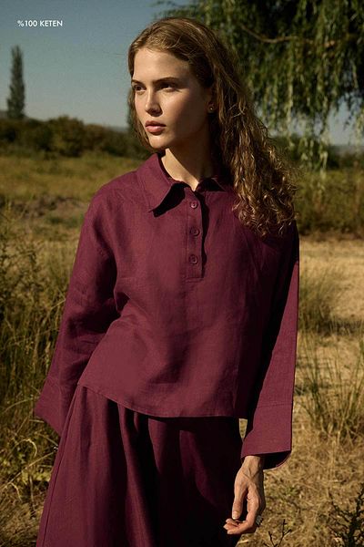 Hooopstore 100% Linen Buttoned Draped Burgundy Blouse