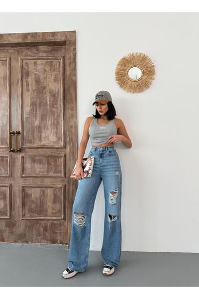 Zeo Basic Women's Wide-Leg Laser High Waist Wide Leg Jeans Medium Blue