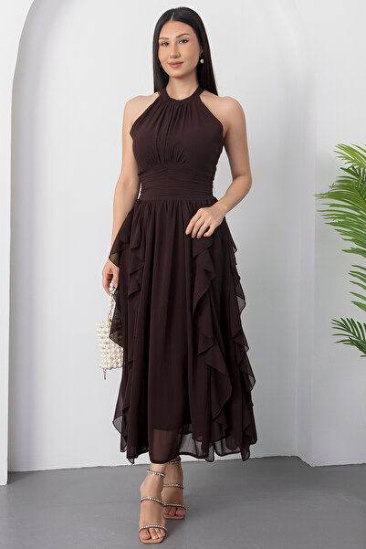 PULLIMM Halter Yaka Fırfırlı Şifon Elbise ELS8561