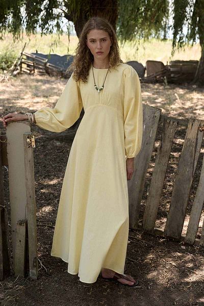 Hooopstore Balloon Sleeve Butter Yellow Natural Dress