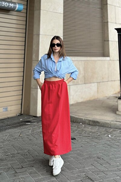 NEW LAVİVA Women's Red Elastic Waist, Comfortable Fit, Long Skirt with Pockets