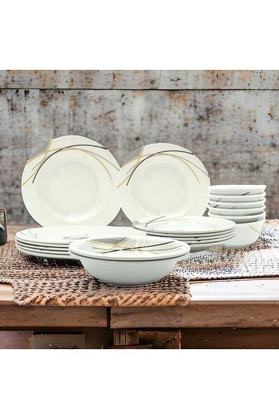 Melrich 20 Pcs Melamine Gold Line Dinner Set 6 Dinner plate 6 Soup plate 2 Salad bowl 6 Rice bowl